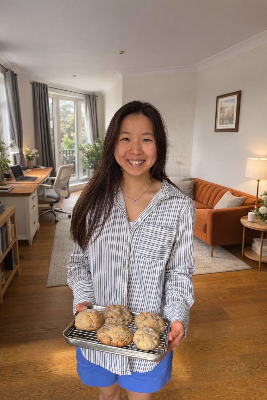 Hui Ying smiling and holding a tray of freshly baked cookies
