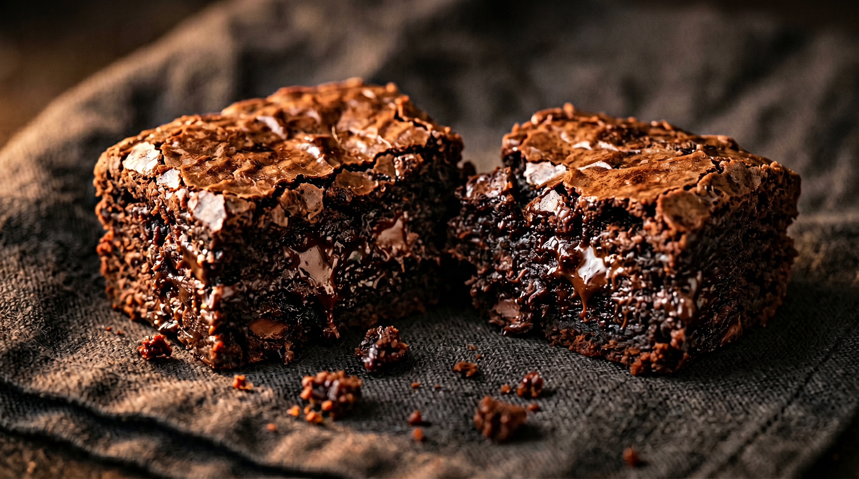 Close-up of a matcha brownie broken in half, revealing a dense, fudgy green interior