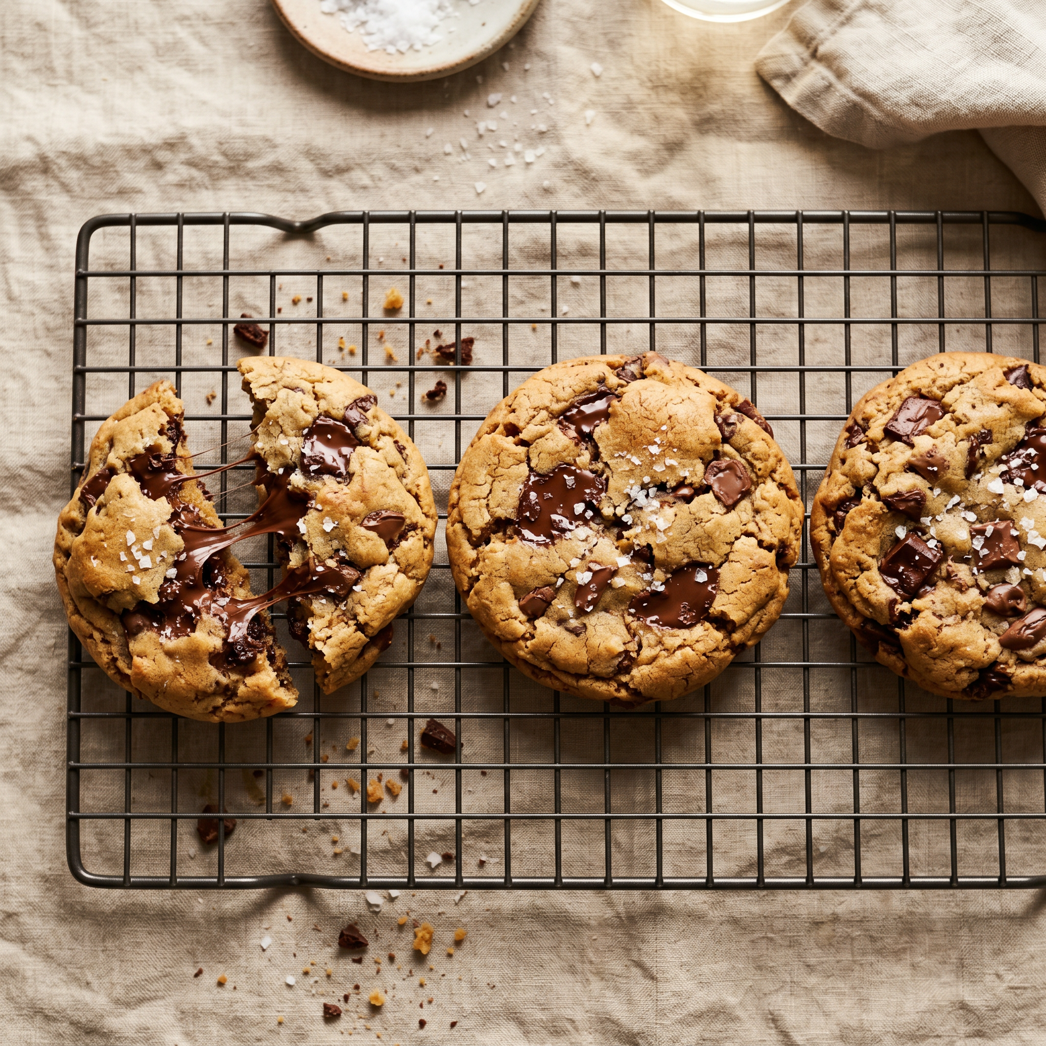 Three chocolate chip cookies stacked on a cooling rack, rippled edges, melty chocolate