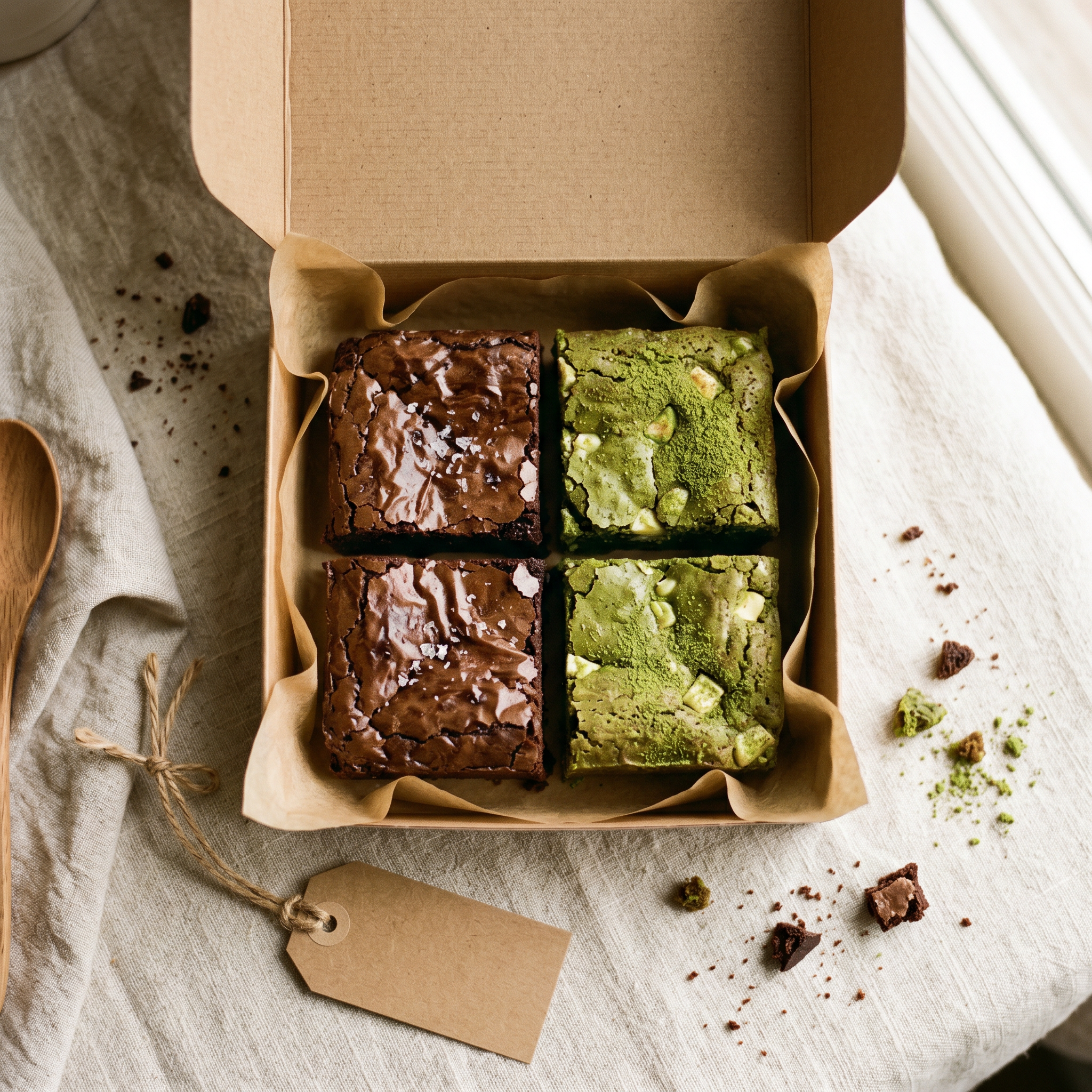 Kraft gift box tied with twine, containing four matcha brownies