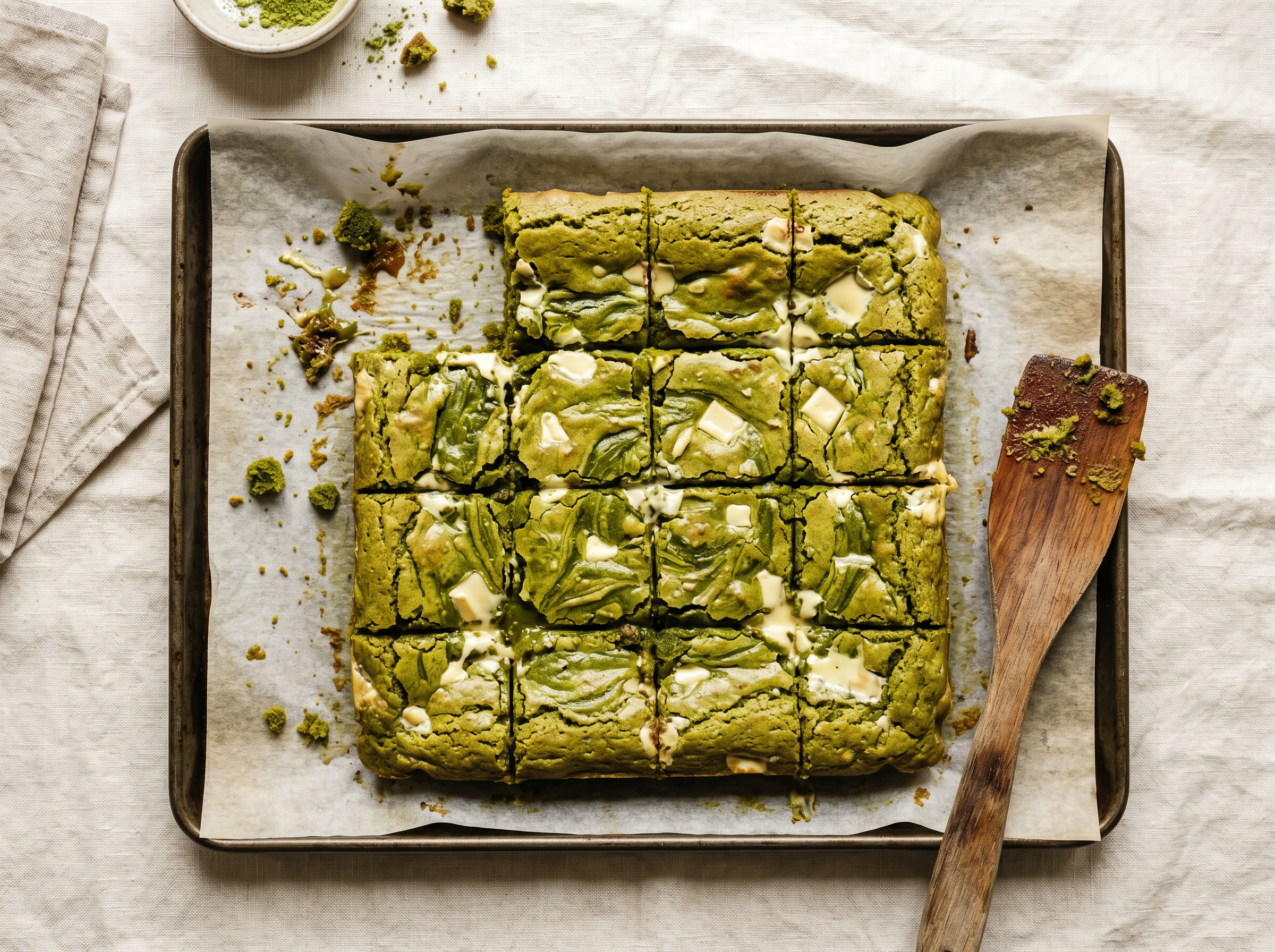 Tray of matcha brownies cut into squares, dusted with matcha powder, on a cream linen cloth